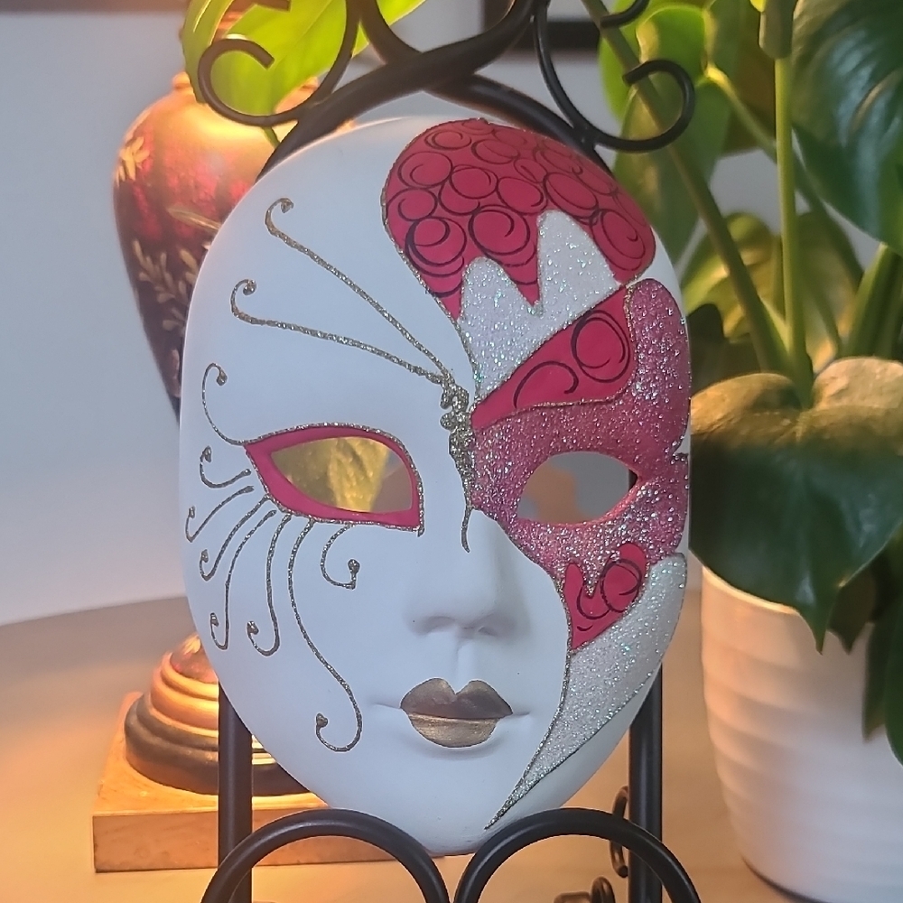 Decorative Porcelain White and Pink Mask with Gold Accents Butterfly Face
